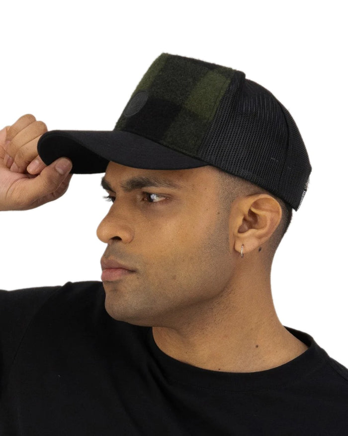 Olive Black Check Coloured Swanndri Swanni Trucker Cap on white background #colour_olive-black-check