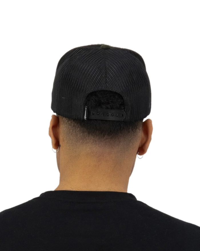 Olive Black Check Coloured Swanndri Swanni Trucker Cap on white background #colour_olive-black-check