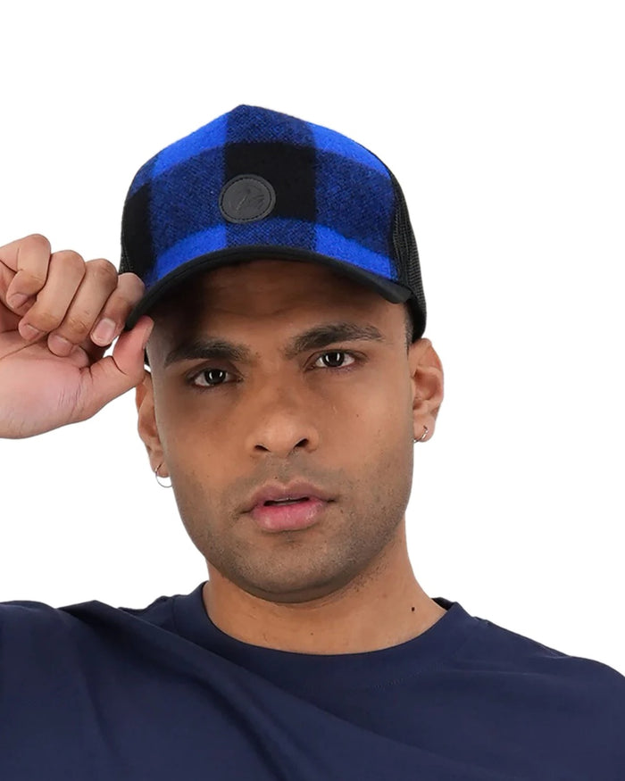 Blue Black Check Coloured Swanndri Swanni Trucker Cap on white background #colour_blue-black-check
