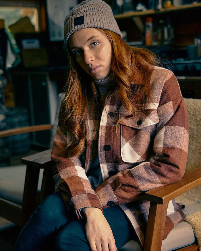 Chelsea Check Coloured Swanndri Womens Anchorage V2 Wool Shirt Jacket on indoor background #colour_chelsea-check