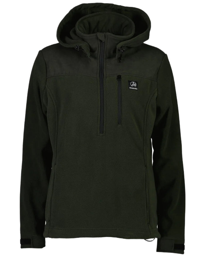 Olive Coloured Swanndri Womens High Rock Fleece Hoodie on white background #colour_olive
