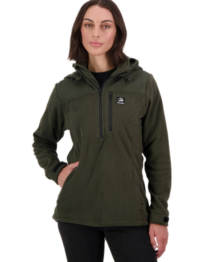 Olive Coloured Swanndri Womens High Rock Fleece Hoodie on white background #colour_olive