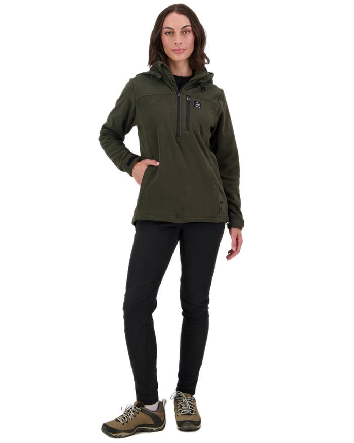 Olive Coloured Swanndri Womens High Rock Fleece Hoodie on white background #colour_olive