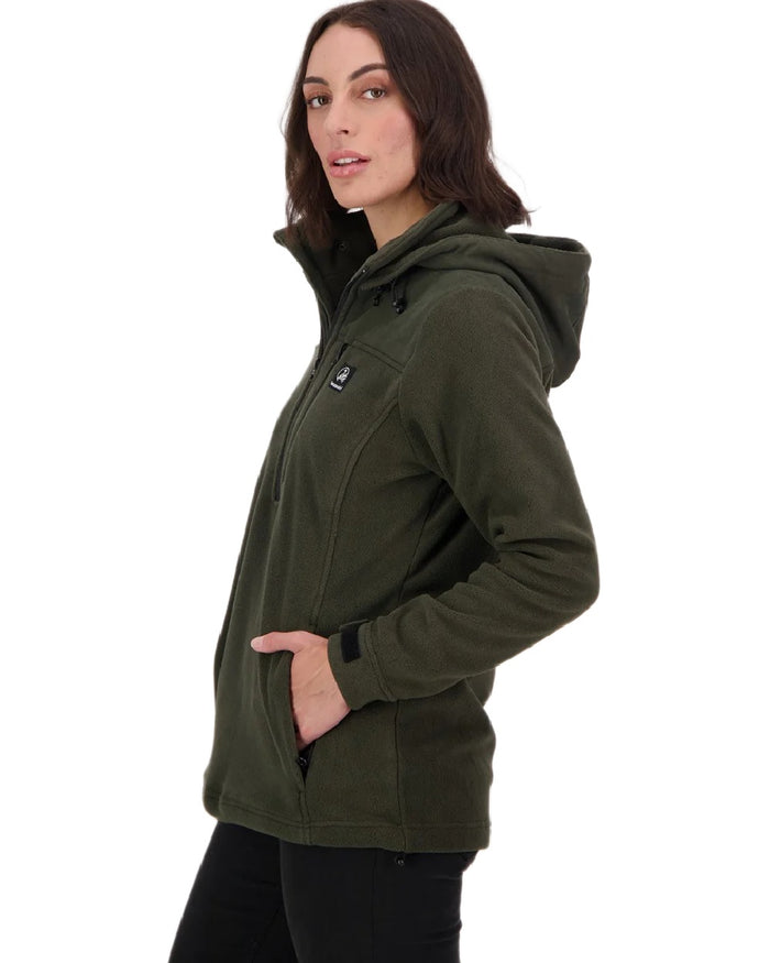 Olive Coloured Swanndri Womens High Rock Fleece Hoodie on white background #colour_olive