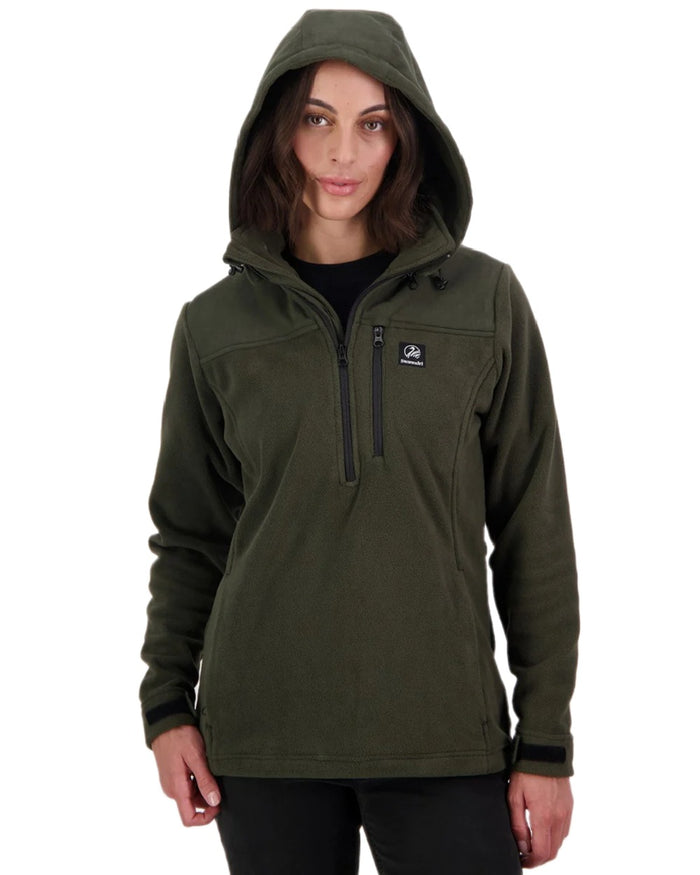 Olive Coloured Swanndri Womens High Rock Fleece Hoodie on white background #colour_olive