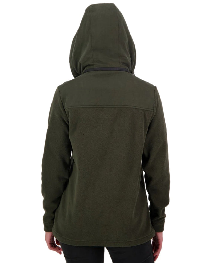Olive Coloured Swanndri Womens High Rock Fleece Hoodie on white background #colour_olive