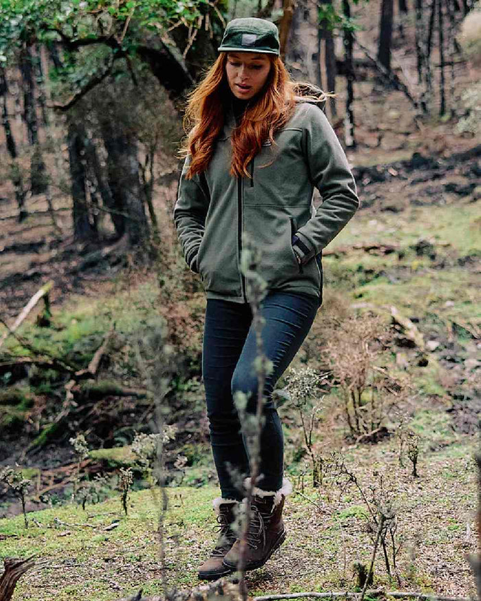 Forest Coloured Swanndri Womens High Rock Stormshield Jacket on outdoor background #colour_forest