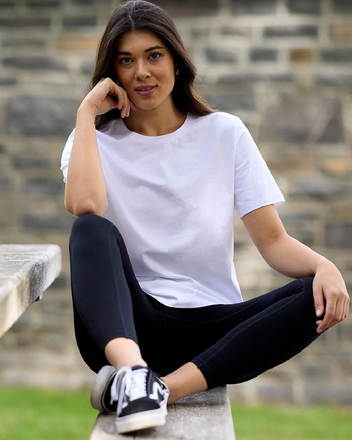 Black Coloured Swanndri Womens Merino Fusion Leggings on outdoor background #colour_black