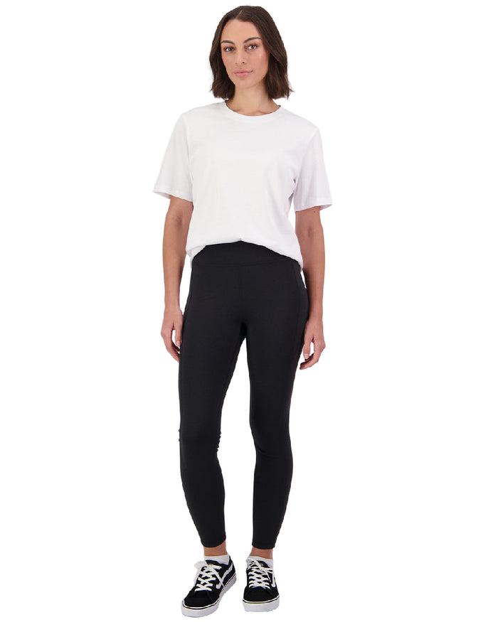 Black Coloured Swanndri Womens Merino Fusion Leggings on white background #colour_black