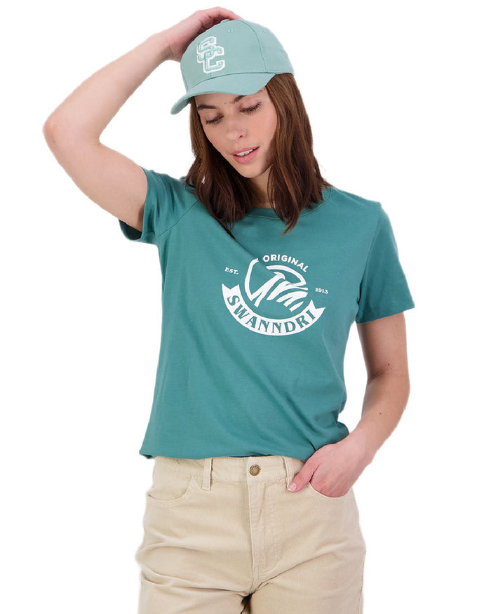 Jade Green White Coloured Swanndri Womens Original V3 T-Shirt on white background #colour_jade-green-white