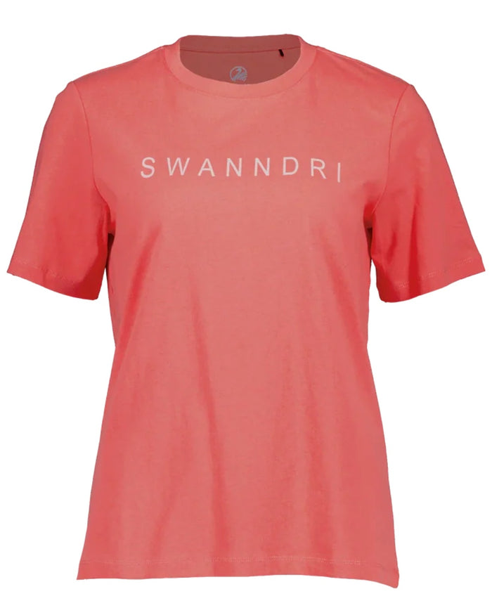 Watermelon Marshmallow coloured Swanndri Womens Script V2 T-Shirt on white background #colour_watermelon-marshmallow