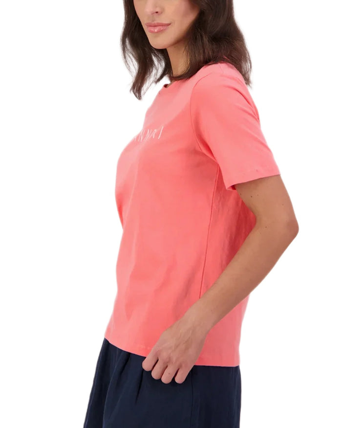 Watermelon Marshmallow coloured Swanndri Womens Script V2 T-Shirt on white background #colour_watermelon-marshmallow