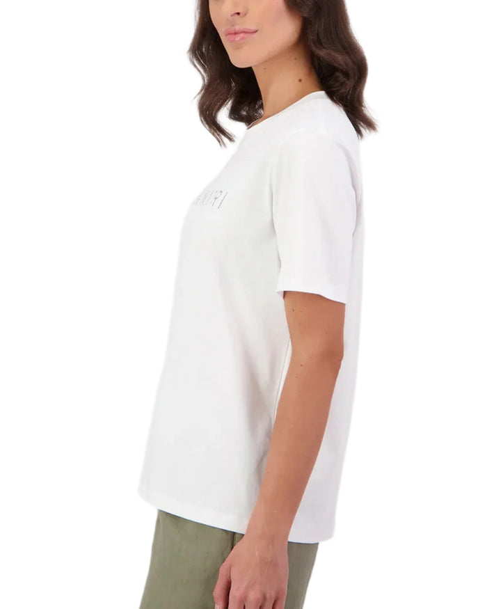 White Platinum coloured Swanndri Womens Script V2 T-Shirt on white background #colour_white-platinum