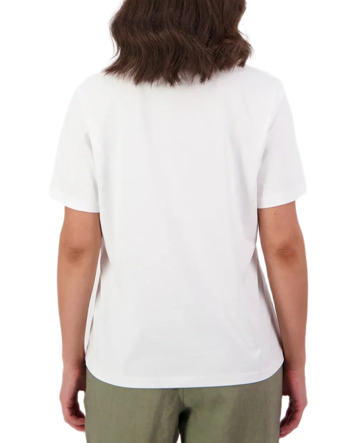 White Platinum coloured Swanndri Womens Script V2 T-Shirt on white background #colour_white-platinum