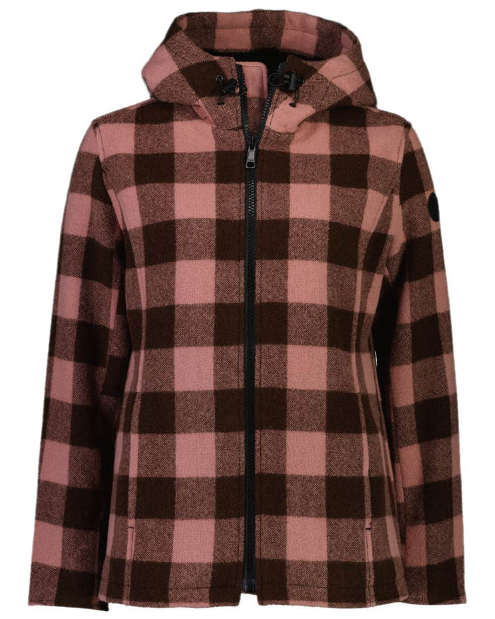 Rose Coffee Check Coloured Swanndri Womens Seattle V2 Wool Hooded Sweater on white background #colour_rose-coffee-check