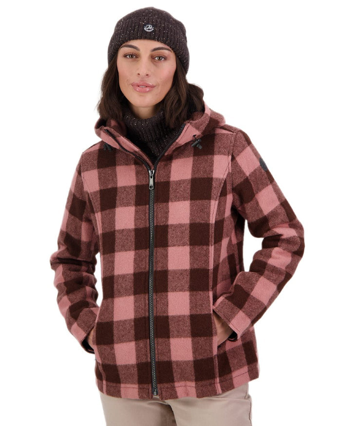 Rose Coffee Check Coloured Swanndri Womens Seattle V2 Wool Hooded Sweater on white background #colour_rose-coffee-check
