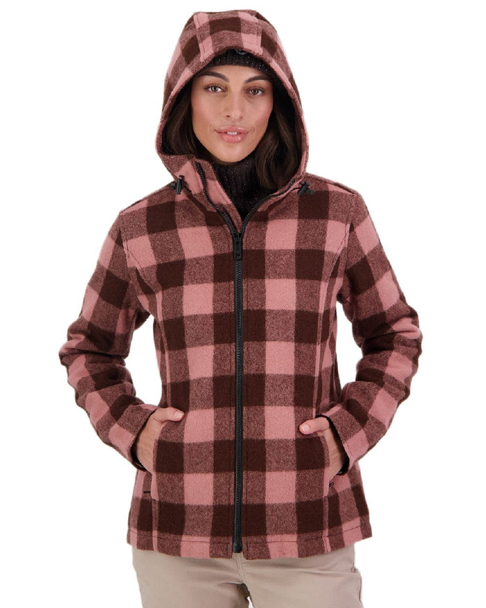 Rose Coffee Check Coloured Swanndri Womens Seattle V2 Wool Hooded Sweater on white background #colour_rose-coffee-check