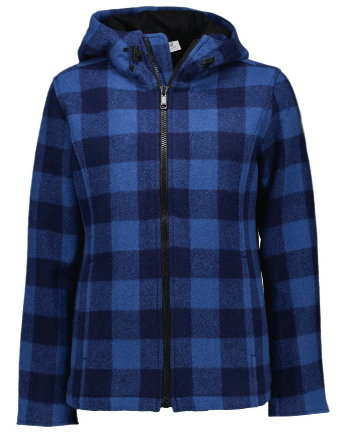 Oceanview Navy Check Coloured Swanndri Womens Seattle V2 Wool Hooded Sweater on white background #colour_oceanview-navy-check