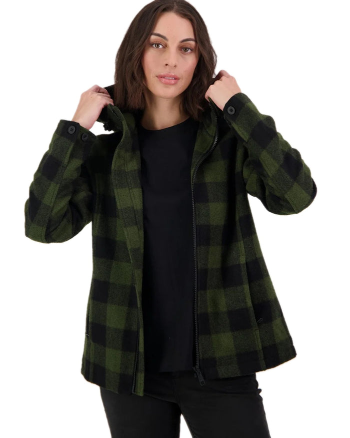Olive Black Check Coloured Swanndri Womens Seattle V2 Wool Hoodie on white background #colour_olive-black-check