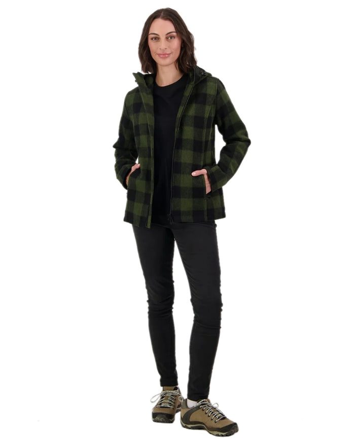 Olive Black Check Coloured Swanndri Womens Seattle V2 Wool Hoodie on white background #colour_olive-black-check