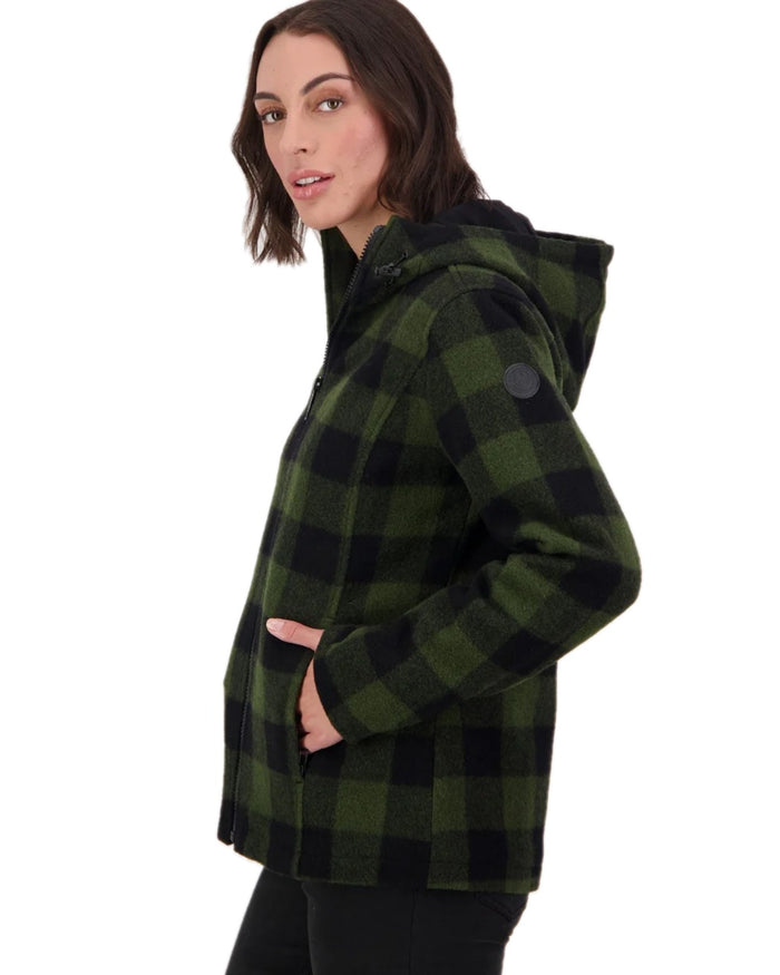 Olive Black Check Coloured Swanndri Womens Seattle V2 Wool Hoodie on white background #colour_olive-black-check