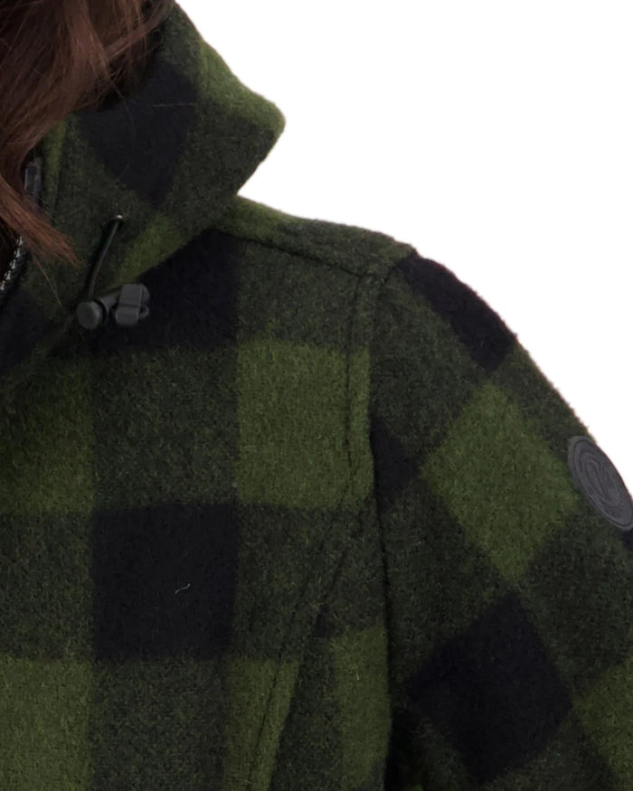 Olive Black Check Coloured Swanndri Womens Seattle V2 Wool Hoodie on white background #colour_olive-black-check