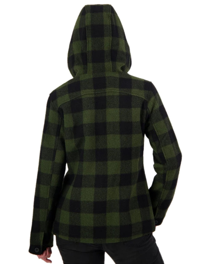 Olive Black Check Coloured Swanndri Womens Seattle V2 Wool Hoodie on white background #colour_olive-black-check