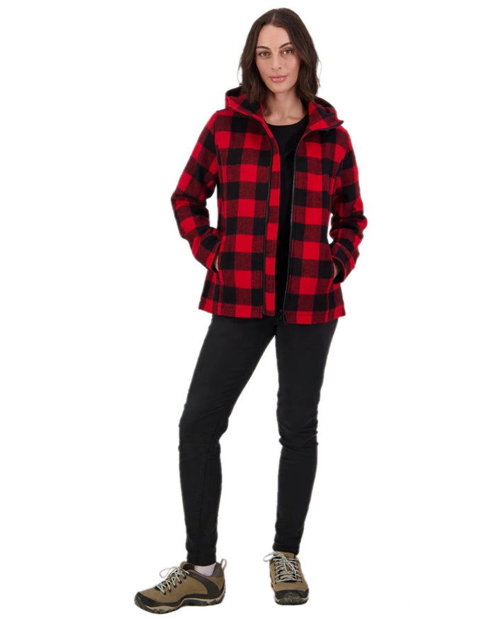 Red Black Check Coloured Swanndri Womens Seattle V2 Wool Hoodie on white background #colour_red-black-check