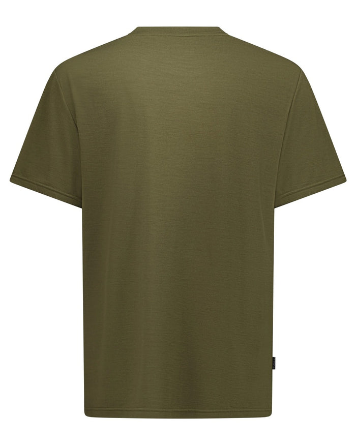 Olive coloured Swazi Kaimai Short Sleeve T-Shirt on white background #colour_olive