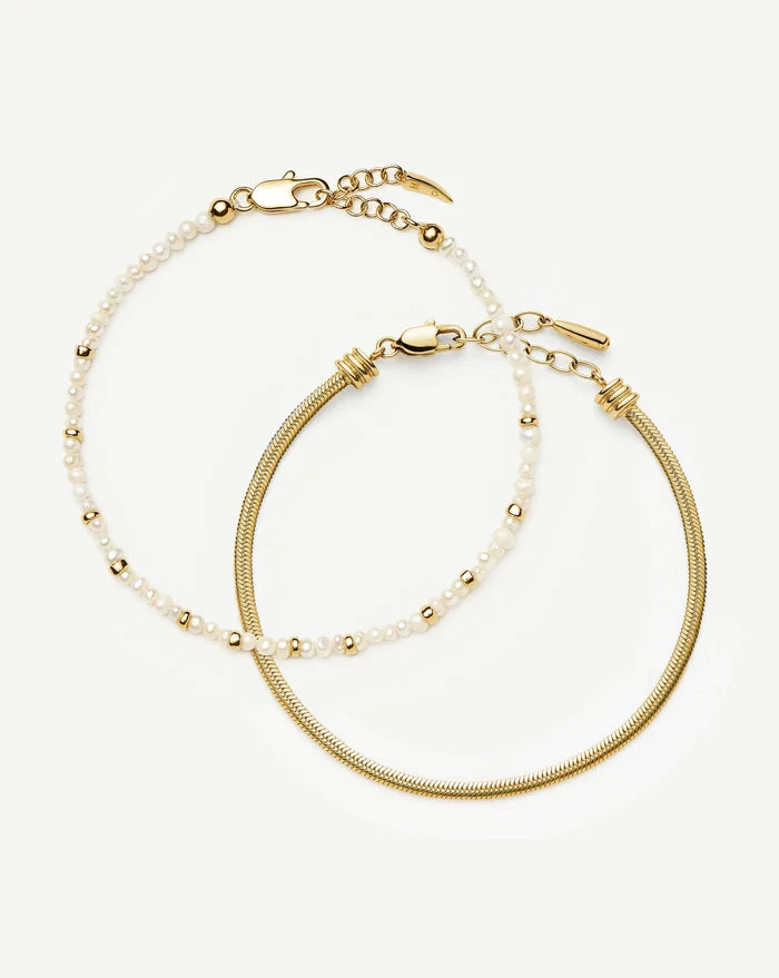 Micro Pearl Beaded & Thin Snake Chain Bracelet Set | 18ct Gold Plated/Pearl Bracelets Missoma