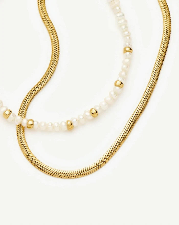 Micro Pearl Beaded & Thin Snake Chain Bracelet Set | 18ct Gold Plated/Pearl Bracelets Missoma