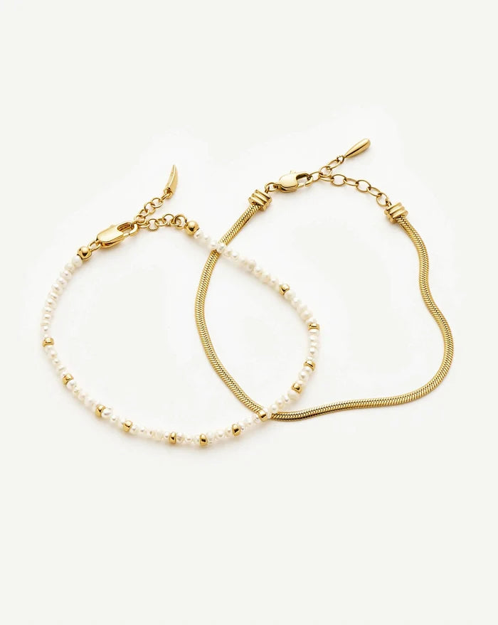 Micro Pearl Beaded & Thin Snake Chain Bracelet Set | 18ct Gold Plated/Pearl Bracelets Missoma