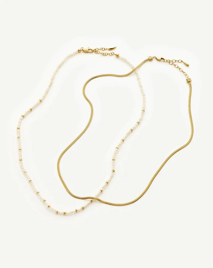 Micro Pearl Beaded & Thin Snake Chain Necklace Set | 18ct Gold Plated/Pearl Necklaces Missoma