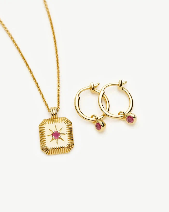 July Birthstone Necklace & Charm Earrings Set | 18ct Gold Vermeil/Glass Filled Ruby Necklaces Missoma