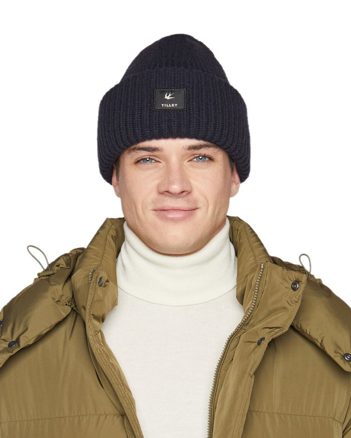 Navy Coloured Tilley Alpine Beanie on white background #colour_navy