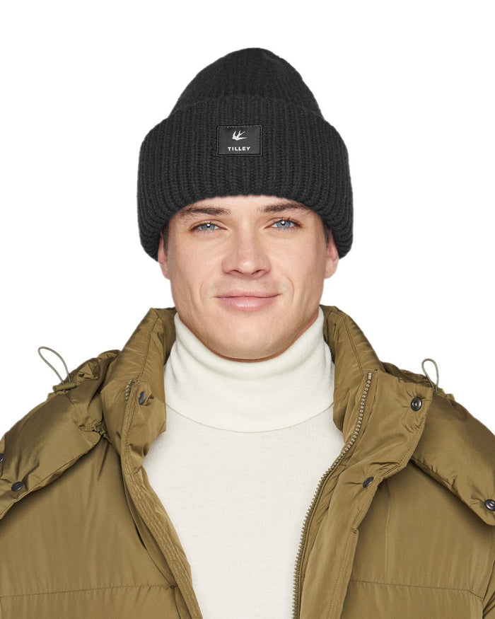 Black Coloured Tilley Alpine Beanie on white background #colour_black