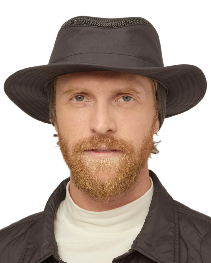 Black Coloured Tilley LTM5 Winterised Airflo Slim Sun Hat on white background #colour_black