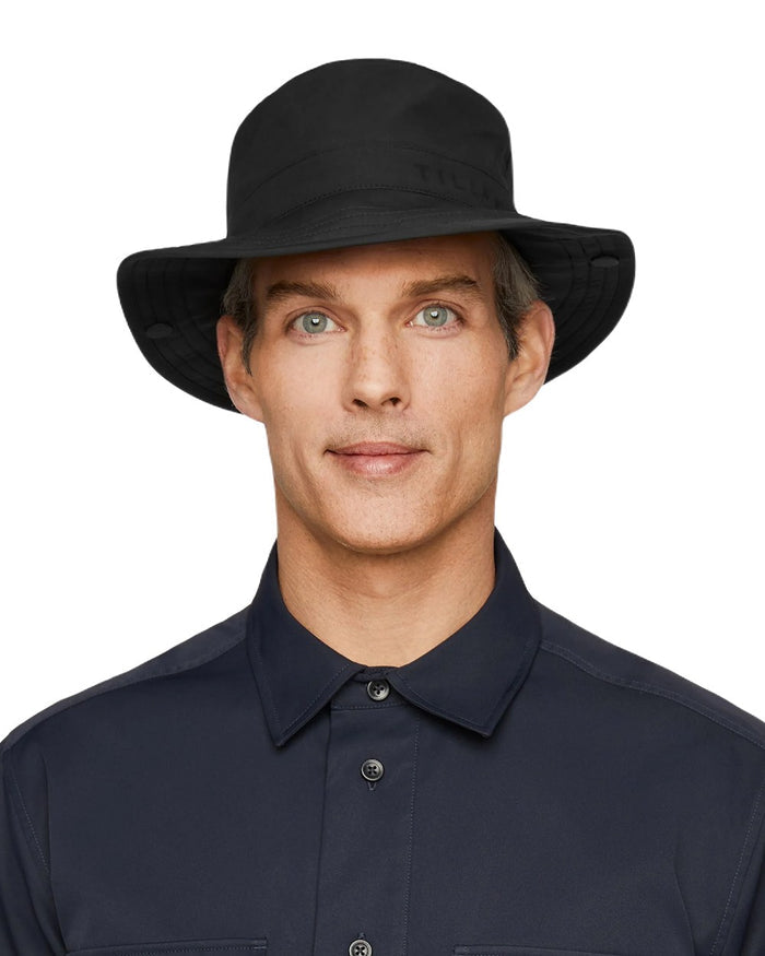 Black Coloured Tilley Rain Hat On A White Background #colour_black