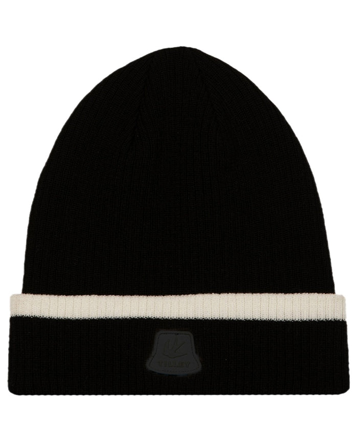 Black Coloured Tilley The Hydrowool Rib Beanie on white background #colour_black