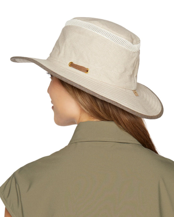 Sand Coloured Tilley TMH55 Organic Airflo Sun Hat on white background #colour_sand