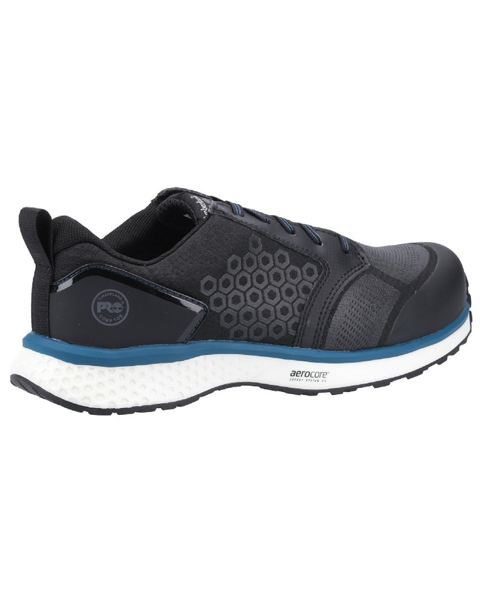 Black/Blue coloured Timberland Pro Reaxion Composite Safety Trainers on white background #colour_black-blue
