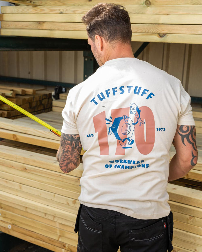 Male model wearing white coloured TuffStuff Icon T-Shirt with measuring tape in hand #colour_white
