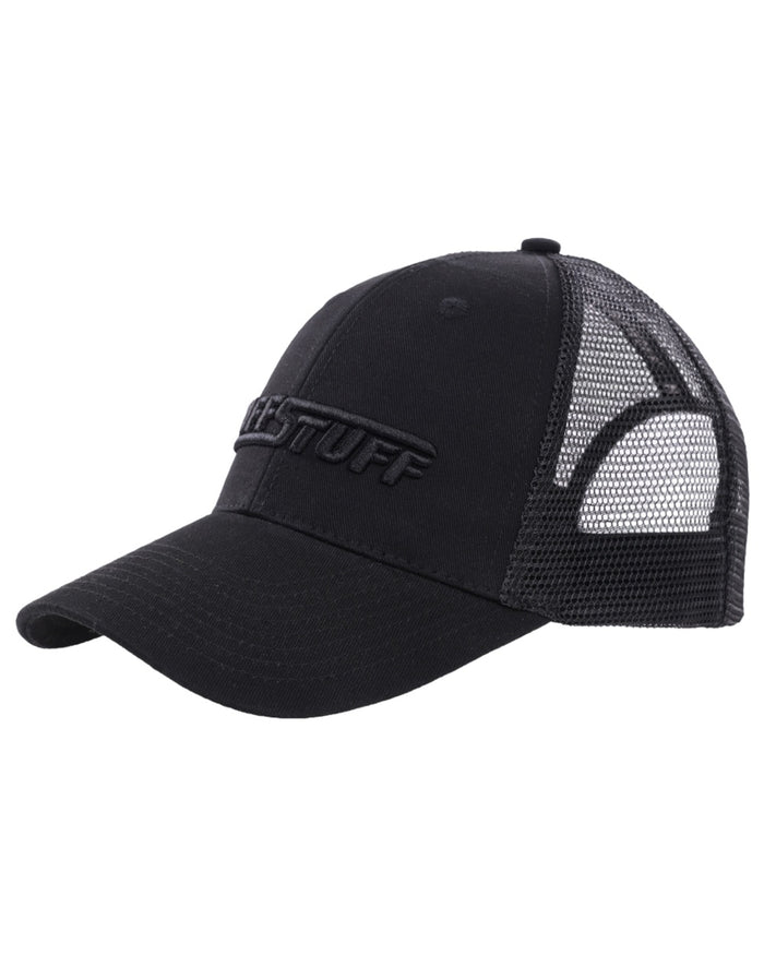 Black coloured TuffStuff Trucker Cap on white background #colour_black