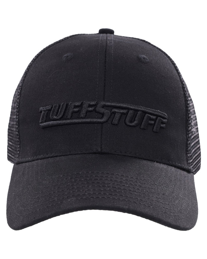 Black coloured TuffStuff Trucker Cap on white background #colour_black
