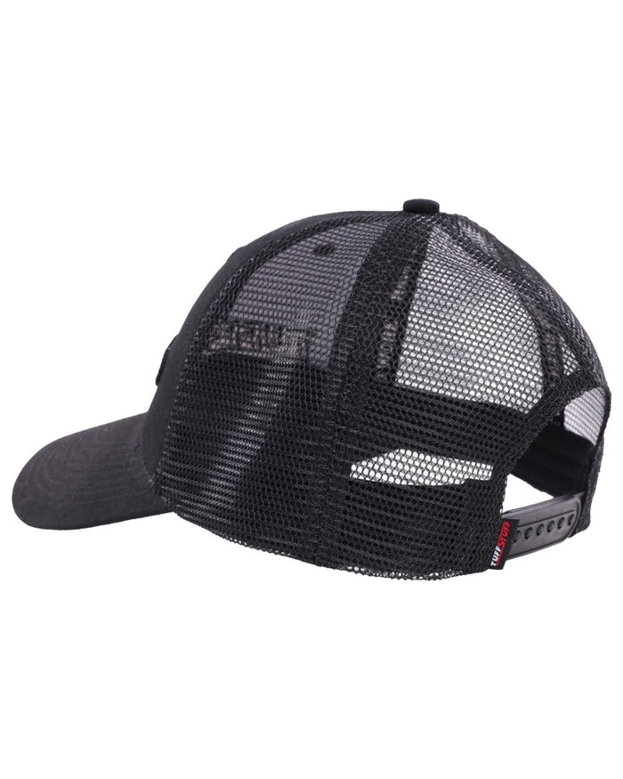 Black coloured TuffStuff Trucker Cap on white background #colour_black