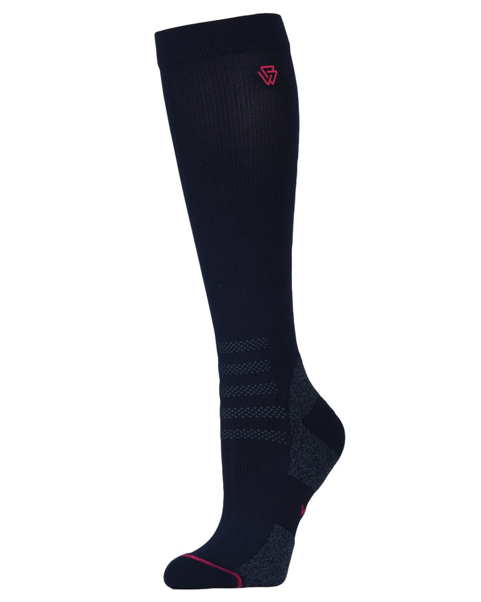 Navy Bright Pink coloured Weatherbeeta Compression Knee Length Riding Socks on white background #colour_navy-bright-pink