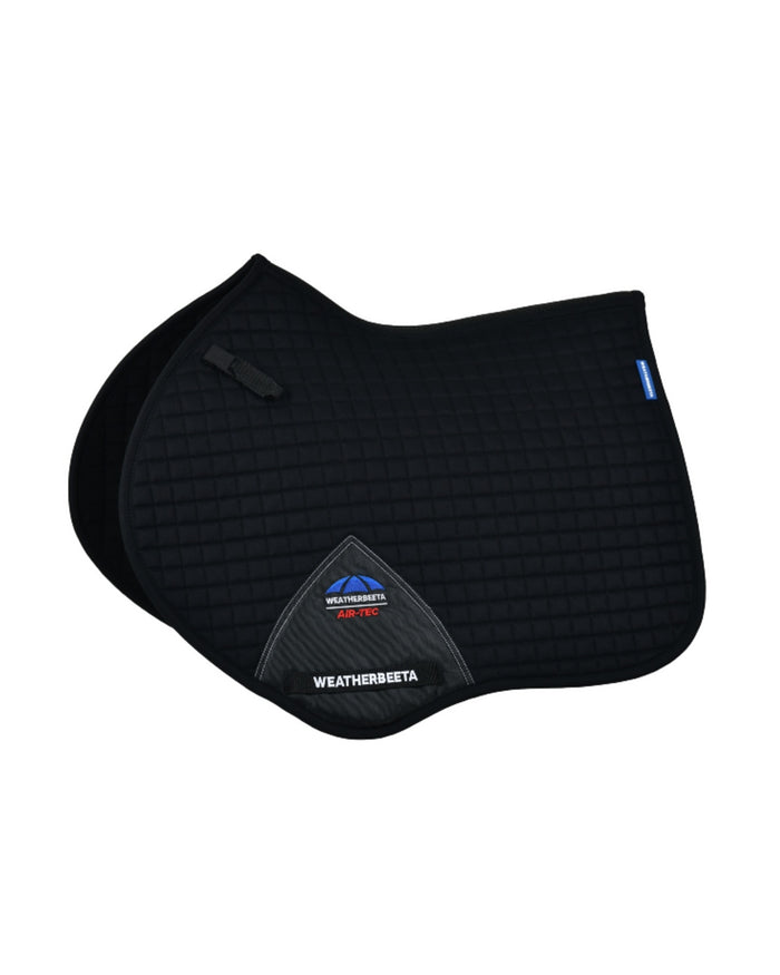 Black Coloured WeatherBeeta Prime Air-Tec Jump Shaped Saddle Pad on white background #colour_black