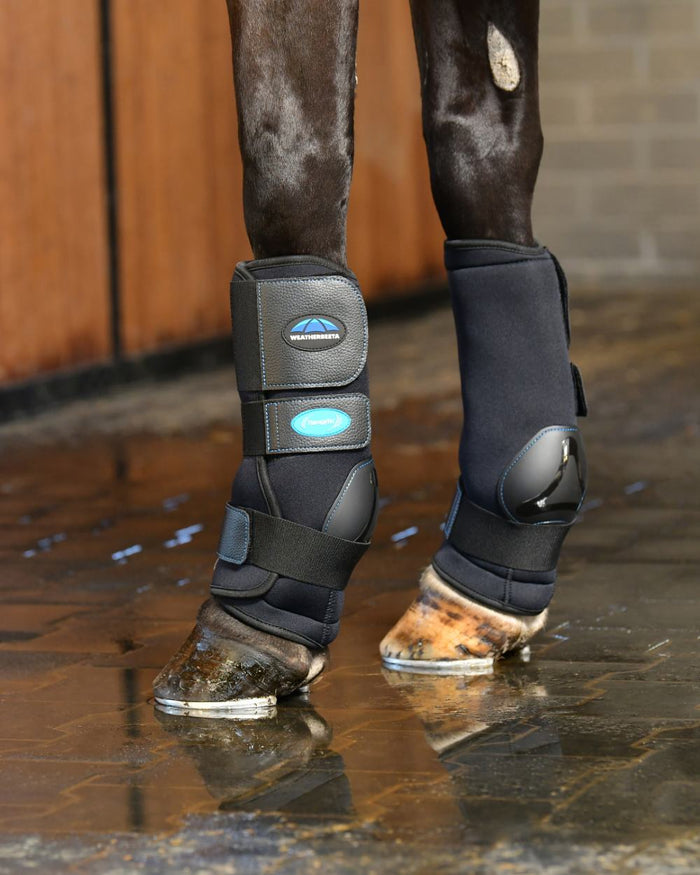 Black Coloured WeatherBeeta Therapy-Tec II Ultra Cool Ice Boots on horse background #colour_black