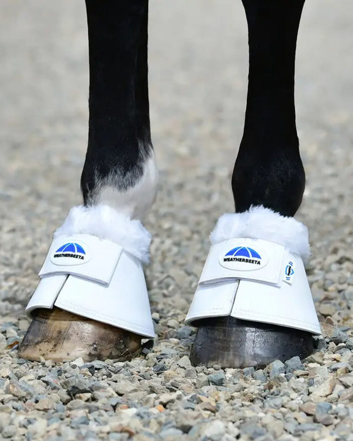 White Coloured WeatherBeeta Tough-Tec Fleece Trim Bell Boots on horse background #colour_white
