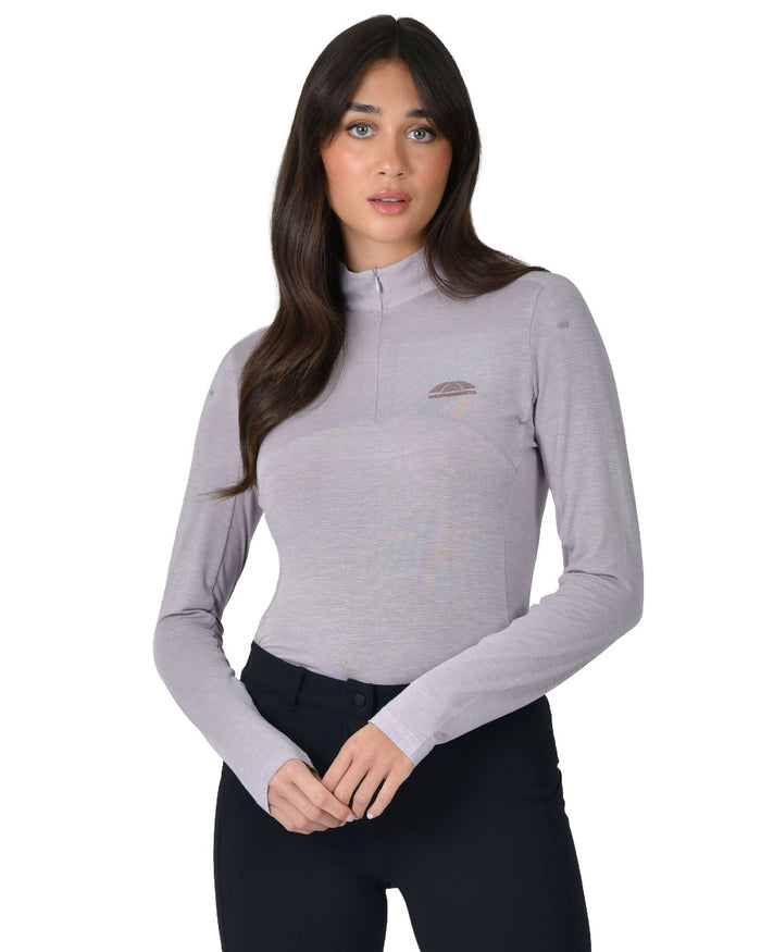Mauve Wine coloured WeatherBeeta Womens 37.5 Lightweight Performance Long Sleeve Quarter Zip Top on white background #colour_mauve-wine